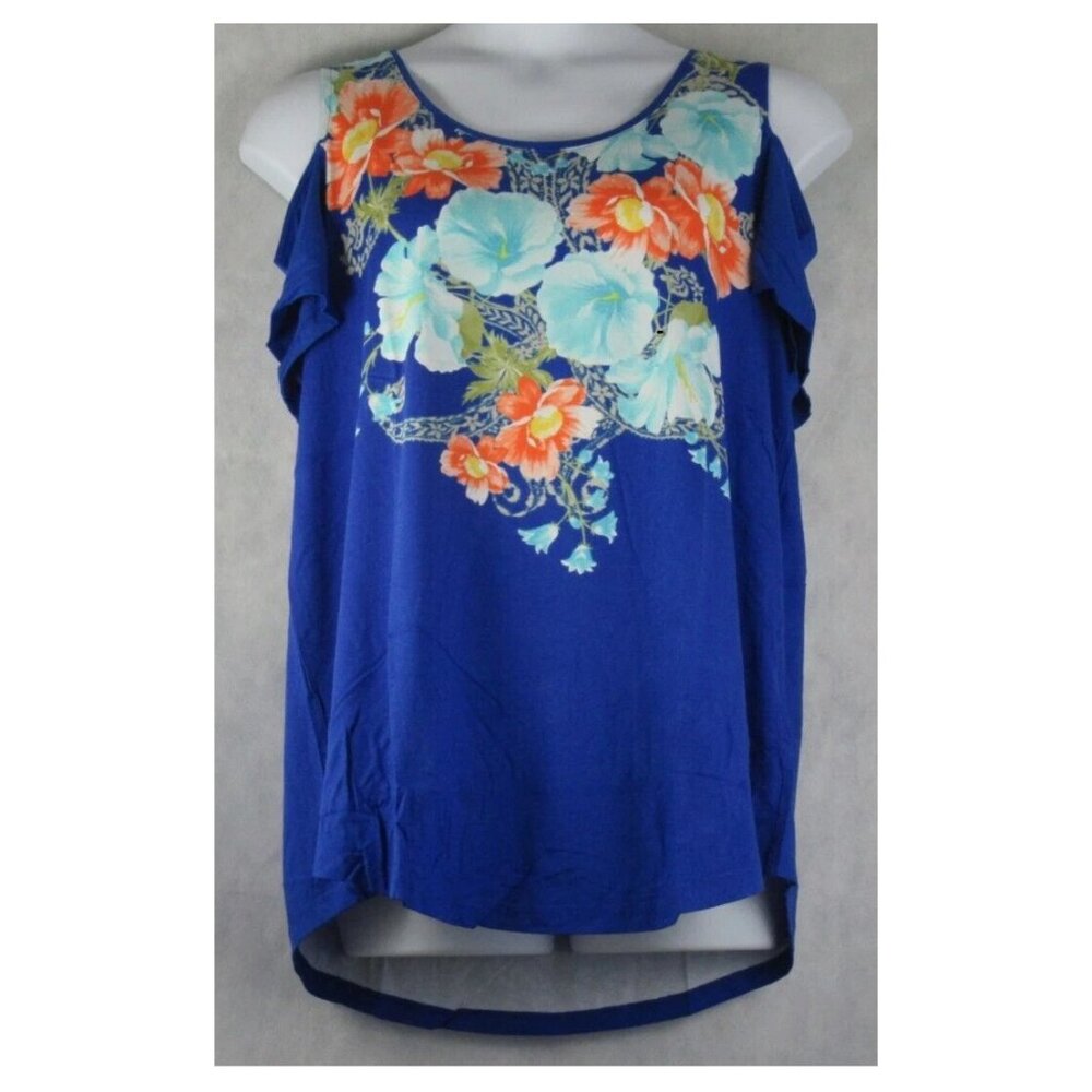 JM Collection Women's Plus Size Cold-Shoulder T-Shirt Top, Blue Multi Floral